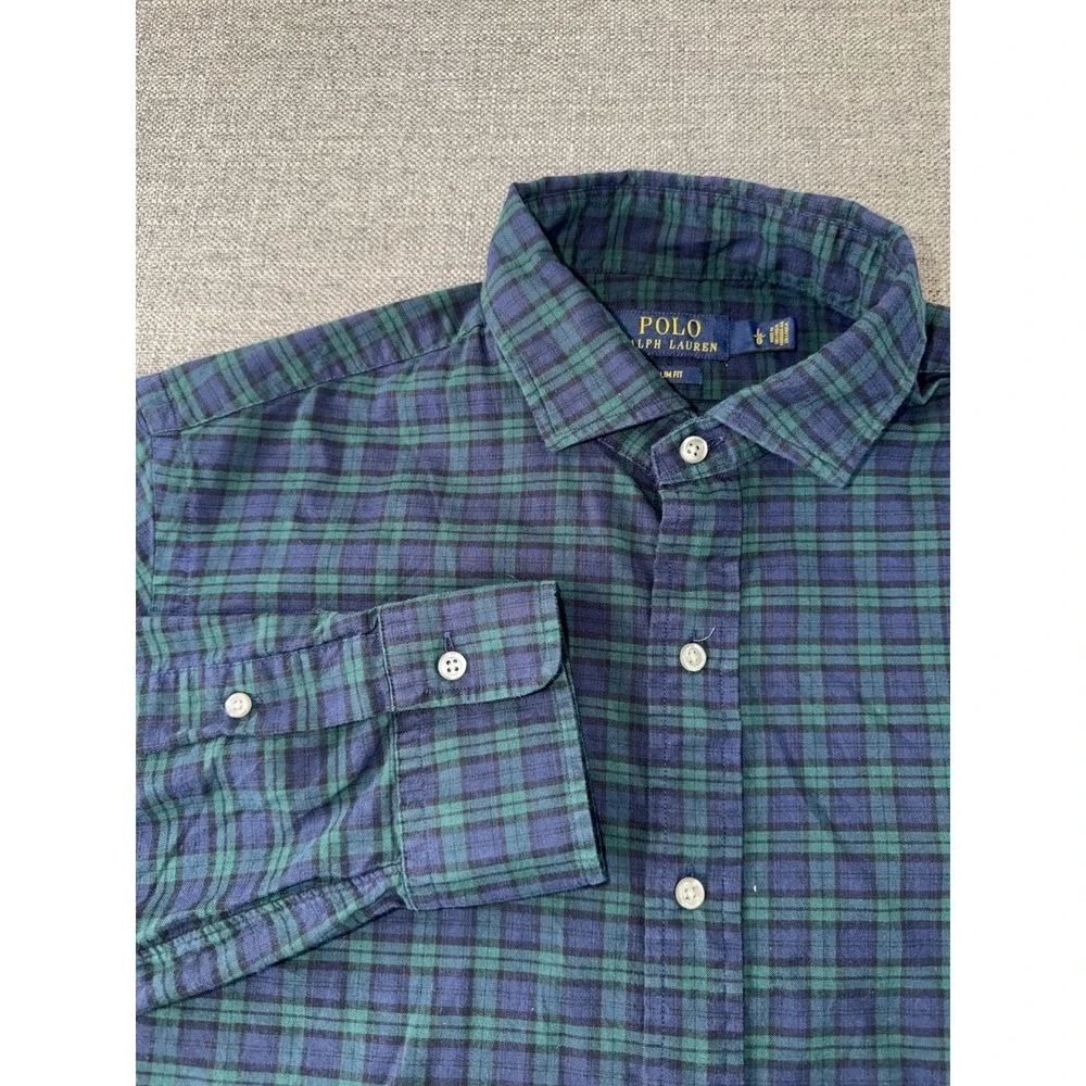 Polo Ralph Lauren Mens Blue Green Plaid Slim Fit Button-Down Shirt‎ Fits Medium